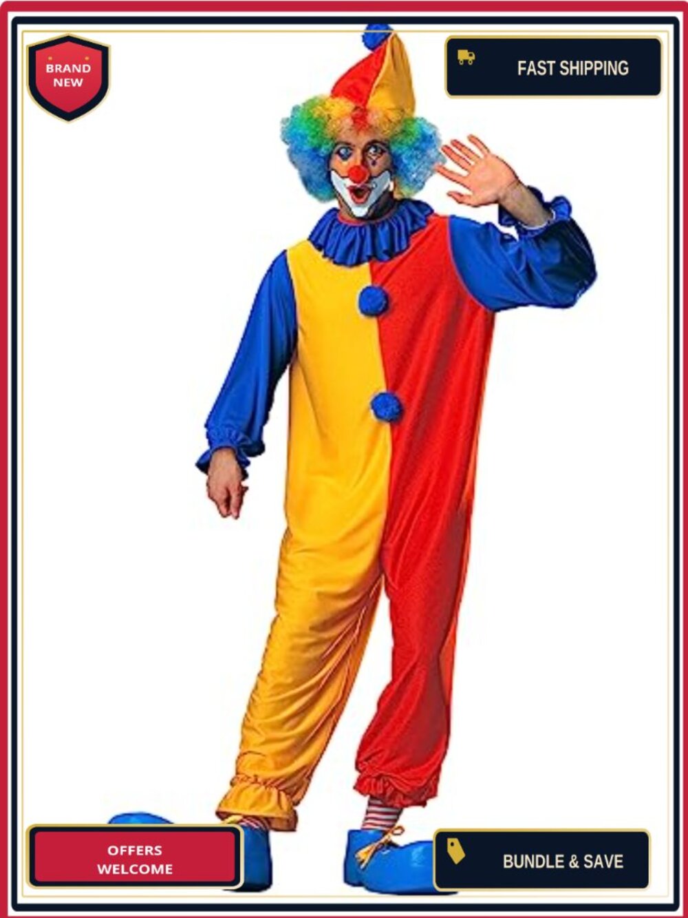 Classic Clown Costume Hat Jumpsuit Neck Ruffle Halloween Cosplay